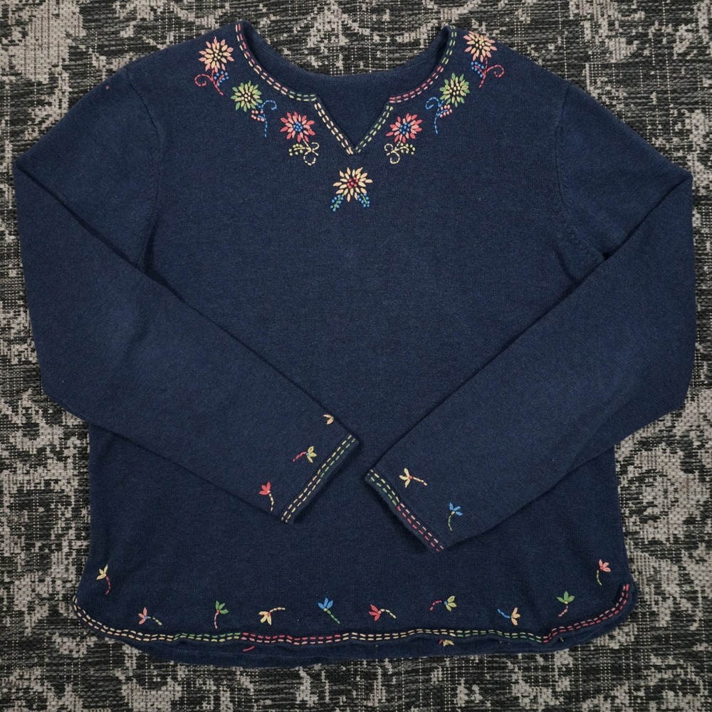 Vintage Embroidered Floral Sweater Womens Long Sleeve Knit Crew Neck EST. Medium